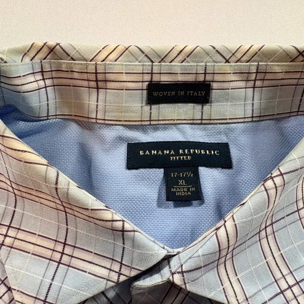 Banana Republic Button Down Shirt Men XL Fitted Blue Purple Plaid Italian Fabric
